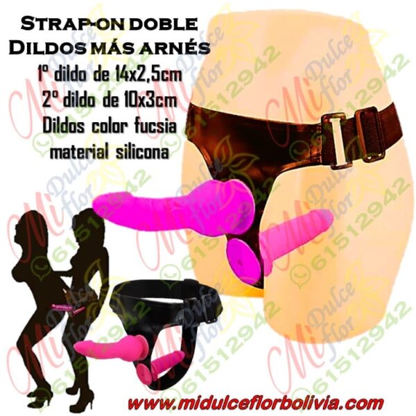 Strap on doble dildos más arnés fucsia