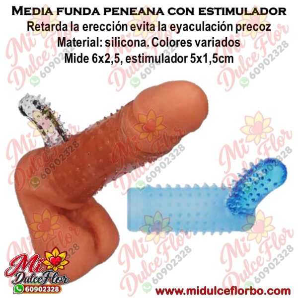 Media funda peneana con estimulador de clitoris en silicona azul texturizada