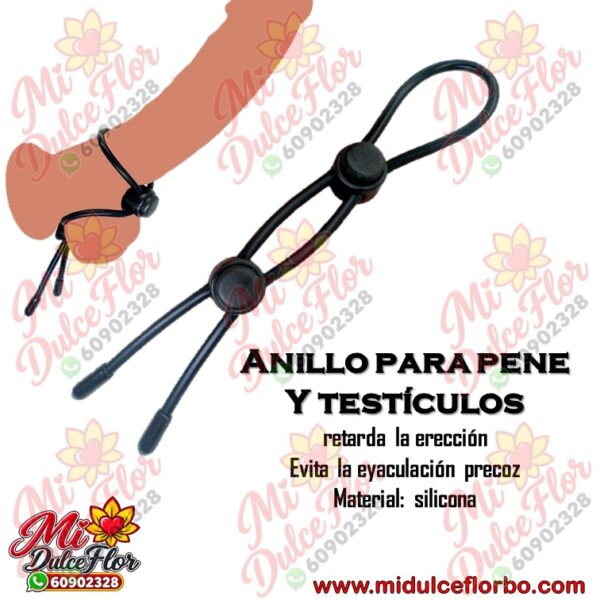 Anillo ajustable para pene y testiculos de silicona negra con doble regulador de boton