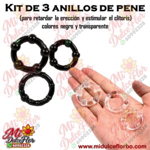Kit de 3 anillos de pene con bolitas estimulantes en silicona negra y transparente