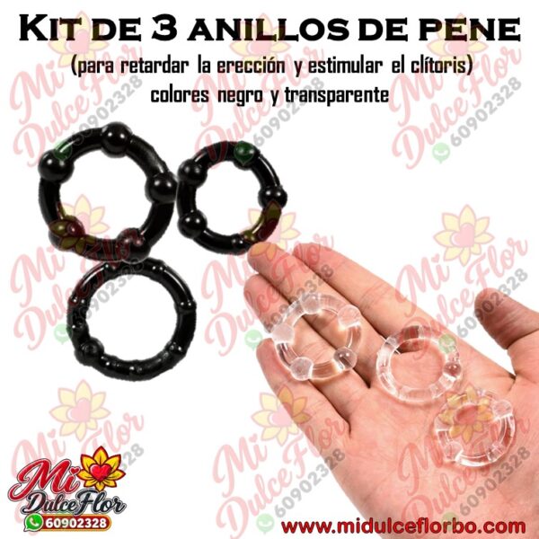 Kit de 3 anillos de pene con bolitas estimulantes en silicona negra y transparente