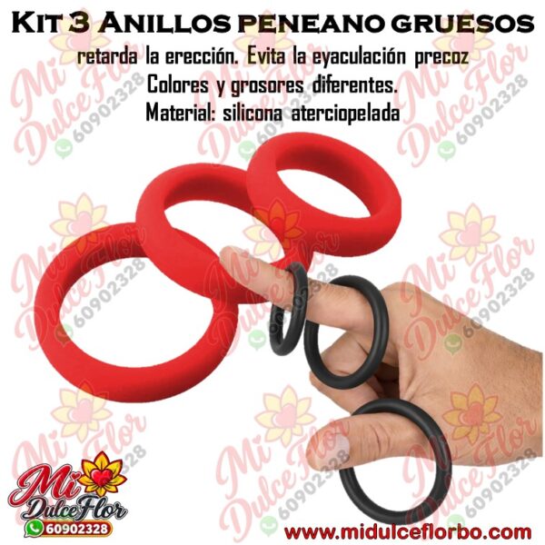 Diapositiva37 Set de 3 anillos peneanos de silicona aterciopelada de diferentes grosores en rojo y negro