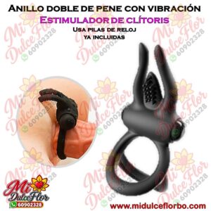 Anillo doble de pene con vibracion y estimulador clitoriano en silicona negra